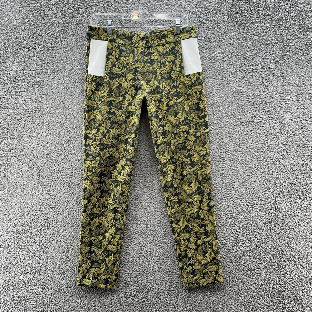 Sandra Weil Pants Womens Small Green Yellow Jacquard Leather Pockets Ankle